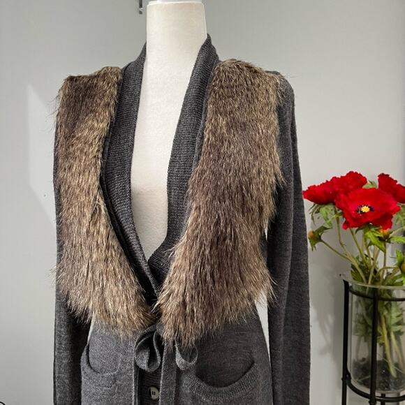 NEW Ann Taylor Wool Faux Fur Longline Belted Button Maxi Cardigan Sz XS NWT - Picture 5 of 16